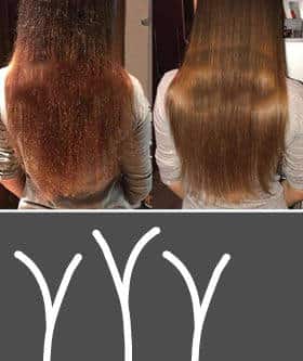 Links wirken die Haarspitzen trocken und splissig, rechts glatt und gepflegt; darunter zeigen Linien die Spaltung.