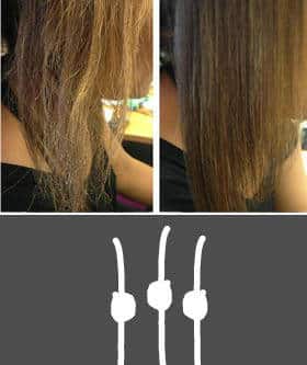 Links erscheinen trockene, ausgefranste Haarspitzen, rechts fällt das lange Haar nach dem Spliss-Schnitt glatt.